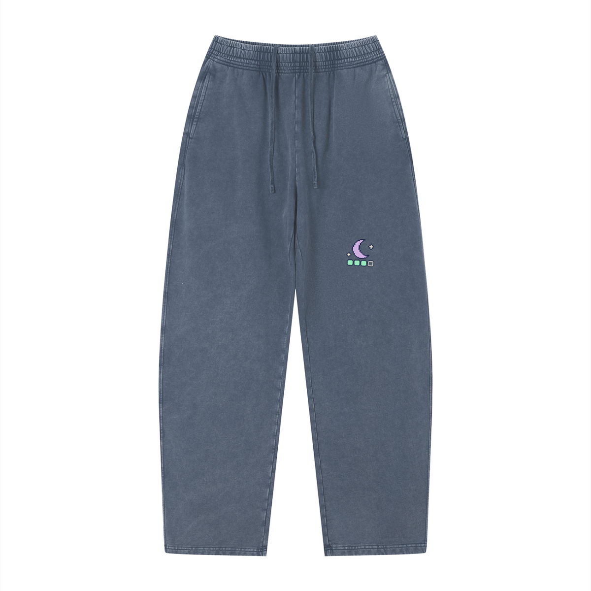 EvoCore Ghost Sleep Mode Washed Sweatpants in Navy Blue, front view showing lavender crescent and mint loading blocks on the front thigh.