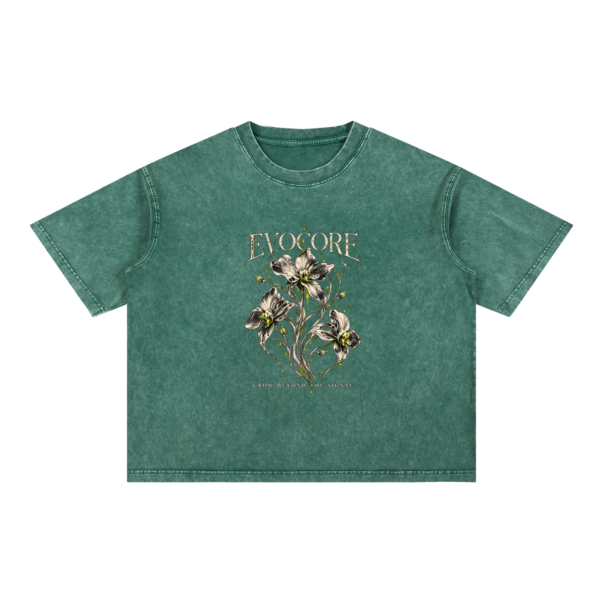 EvoCore Static Bloom Boxy Tee in Blackish Green, front view on a white background