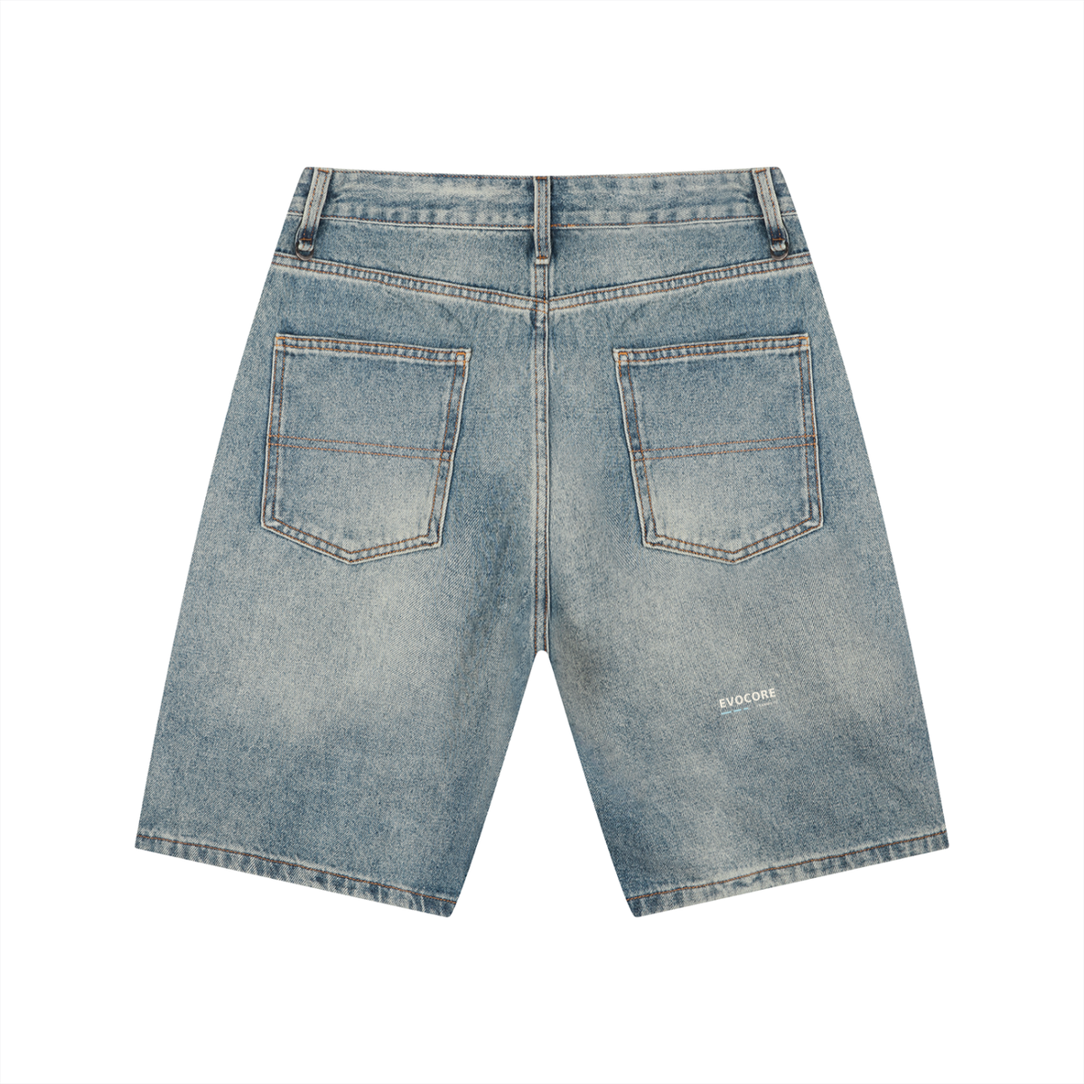 Back view of EvoCore Channel 02 washed blue denim shorts with small EvoCore graphic
