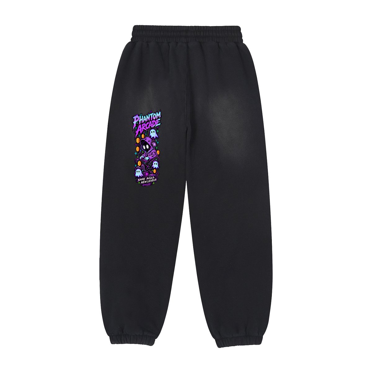 Back of EvoCore Phantom Arcade Joggers in washed black, with a purple Phantom Arcade hooded gamer-ghost graphic on the back thigh.
