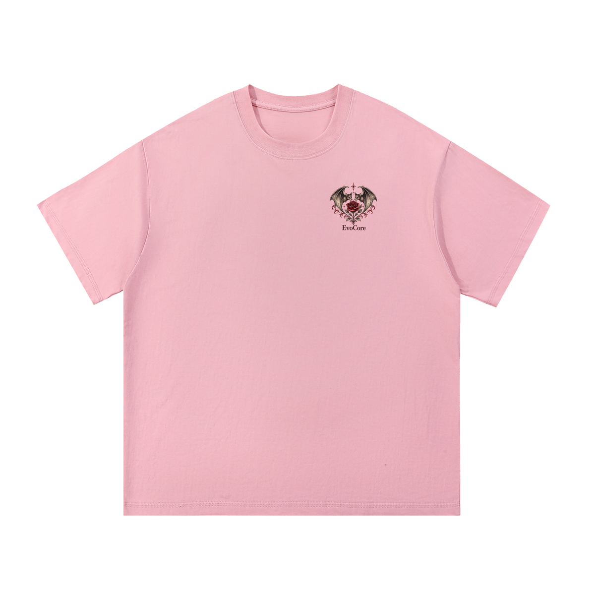 EvoCore Love at First Bite Graphic Tee in Pink, front view showing small bat-wing and rose emblem at the chest.