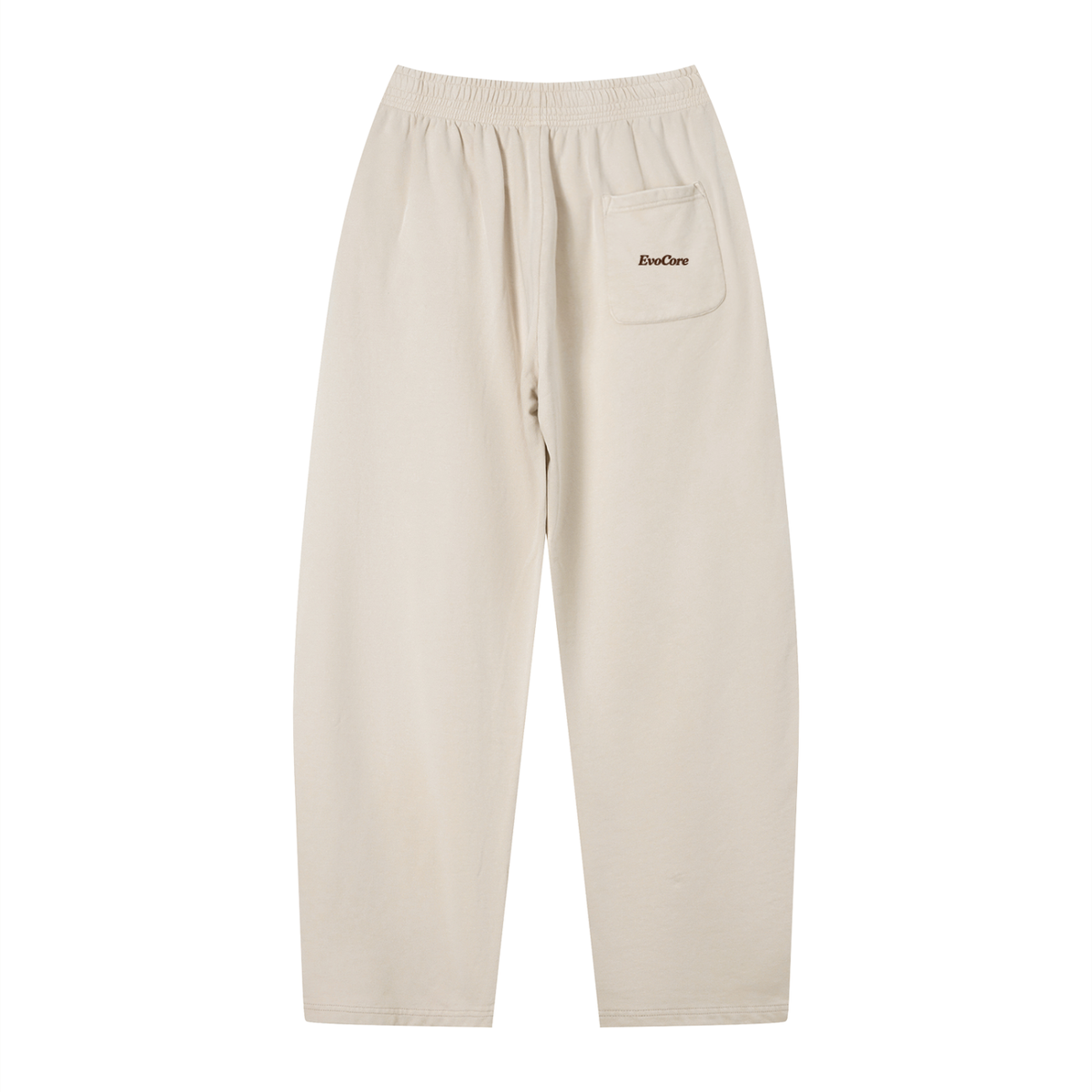 EvoCore Pumpkin Pause Washed Sweatpants in Apricot, back view with small brown EvoCore lettering on the rear pocket.