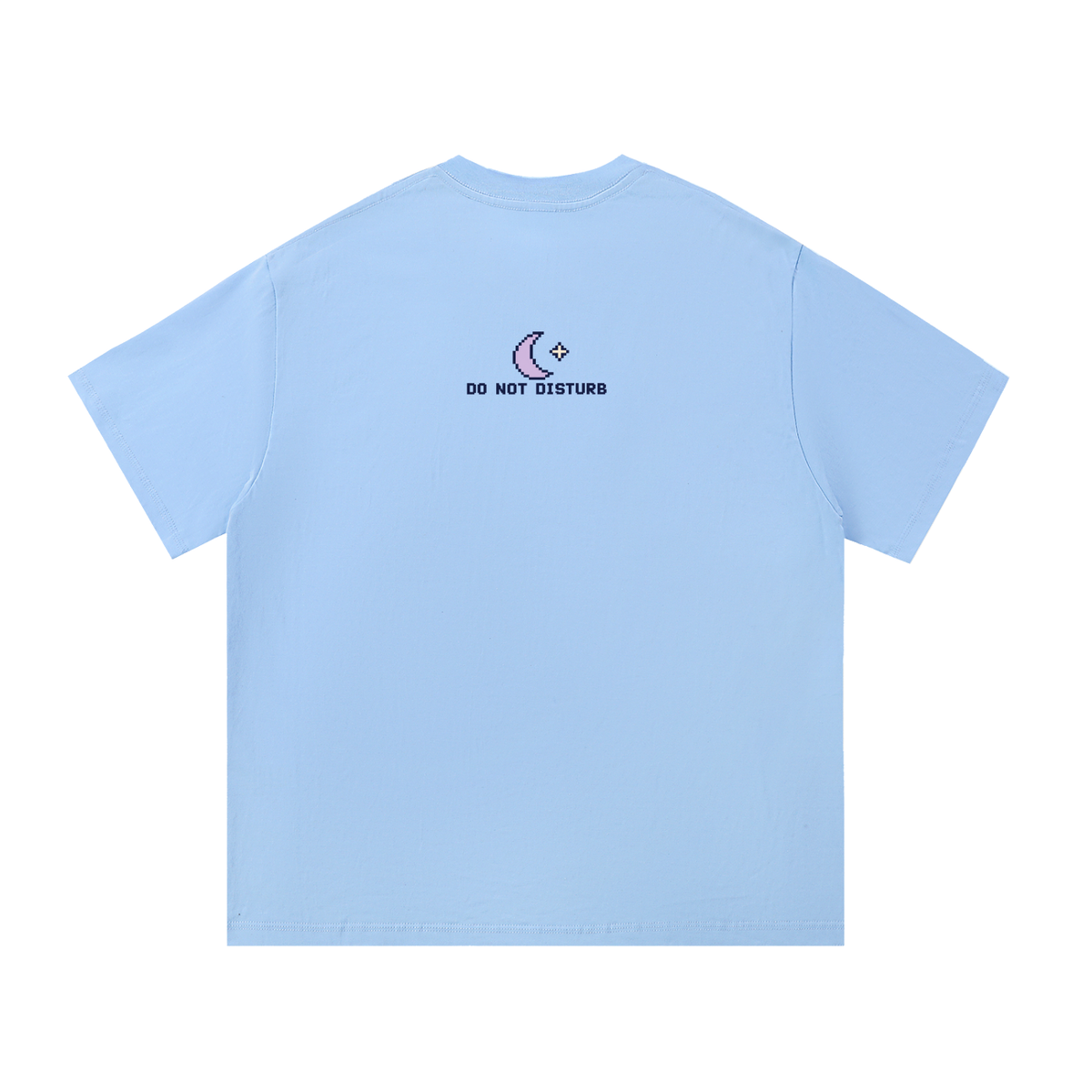 EvoCore Ghost Sleep Mode Graphic Tee in Blue, back view showing small lavender crescent and Do Not Disturb lettering.