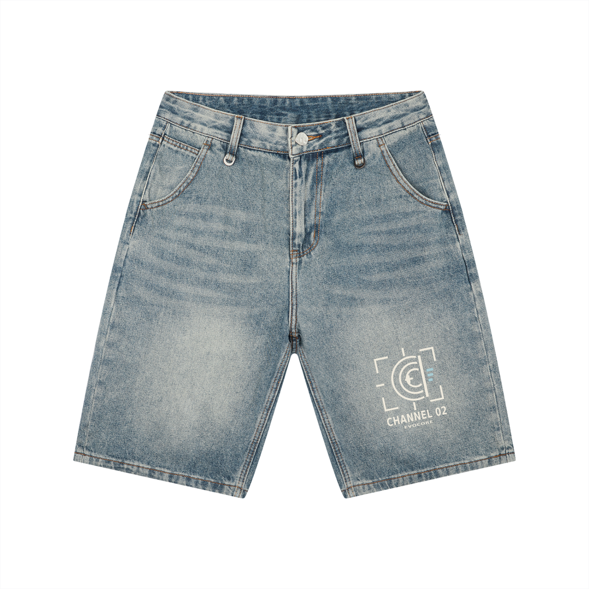 Front view of EvoCore Channel 02 washed blue denim shorts with off-white receiver graphic and ice-blue accents