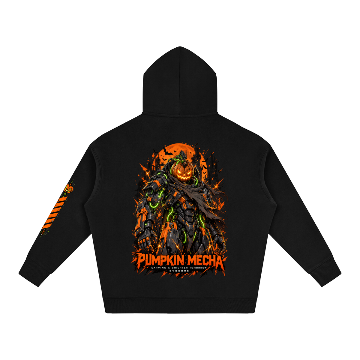 Back of EvoCore Pumpkin Mecha Hoodie in black, with a mechanical pumpkin warrior graphic above Pumpkin Mecha lettering and orange hazard stripes on the sleeve.