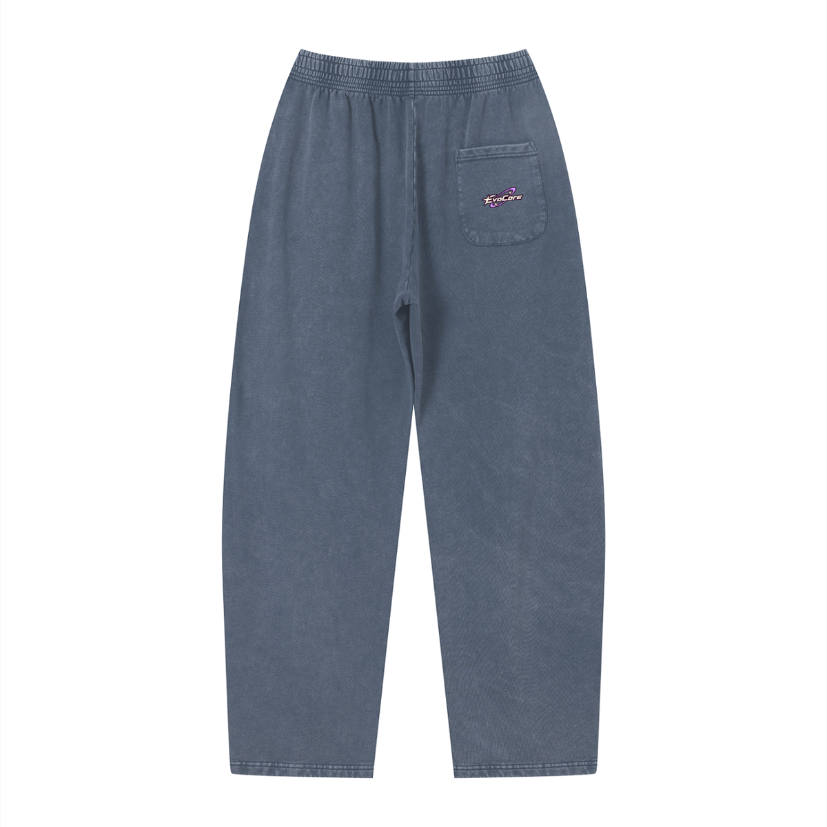 Back of EvoCore Ghost Cache Navy Blue sweatpants with an EvoCore orbit logo printed on the rear patch pocket.