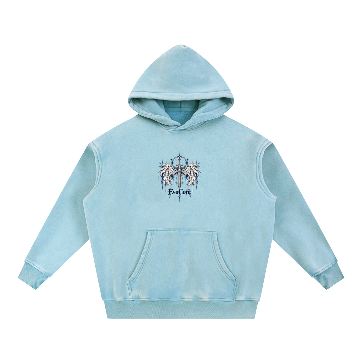 EvoCore Seraph Bluehour Hoodie in Lake Blue, front view on a white background