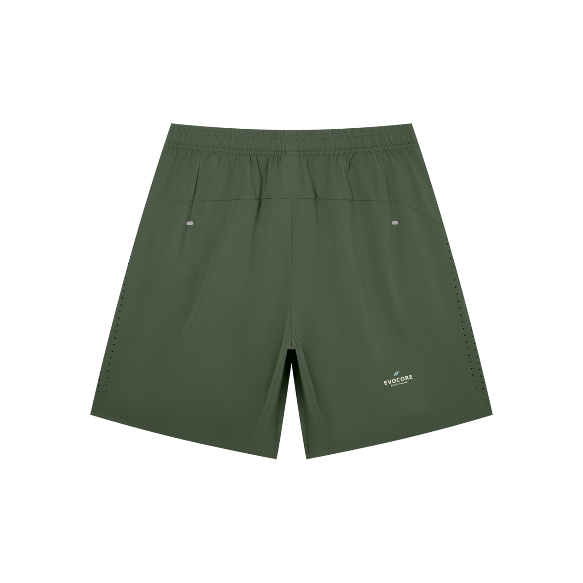 Back view of EvoCore Field Pulse army green shorts with small EvoCore graphic