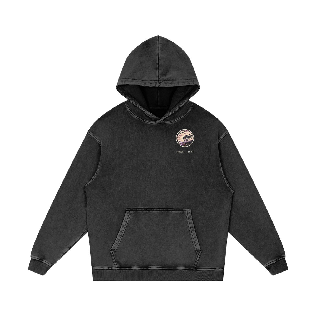 EvoCore Yozakura Hoodie in black, front view with small round chest badge