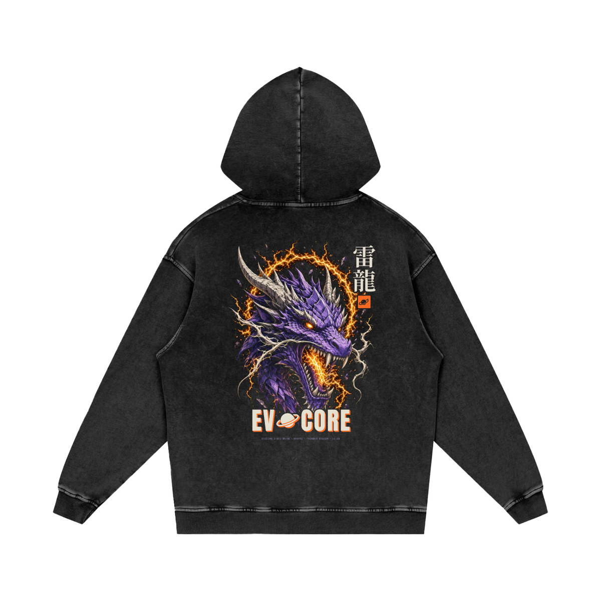 EvoCore Thunder Dragon Hoodie, back view: purple dragon head in a lightning ring with 雷龍 kanji and EVOCORE wordmark