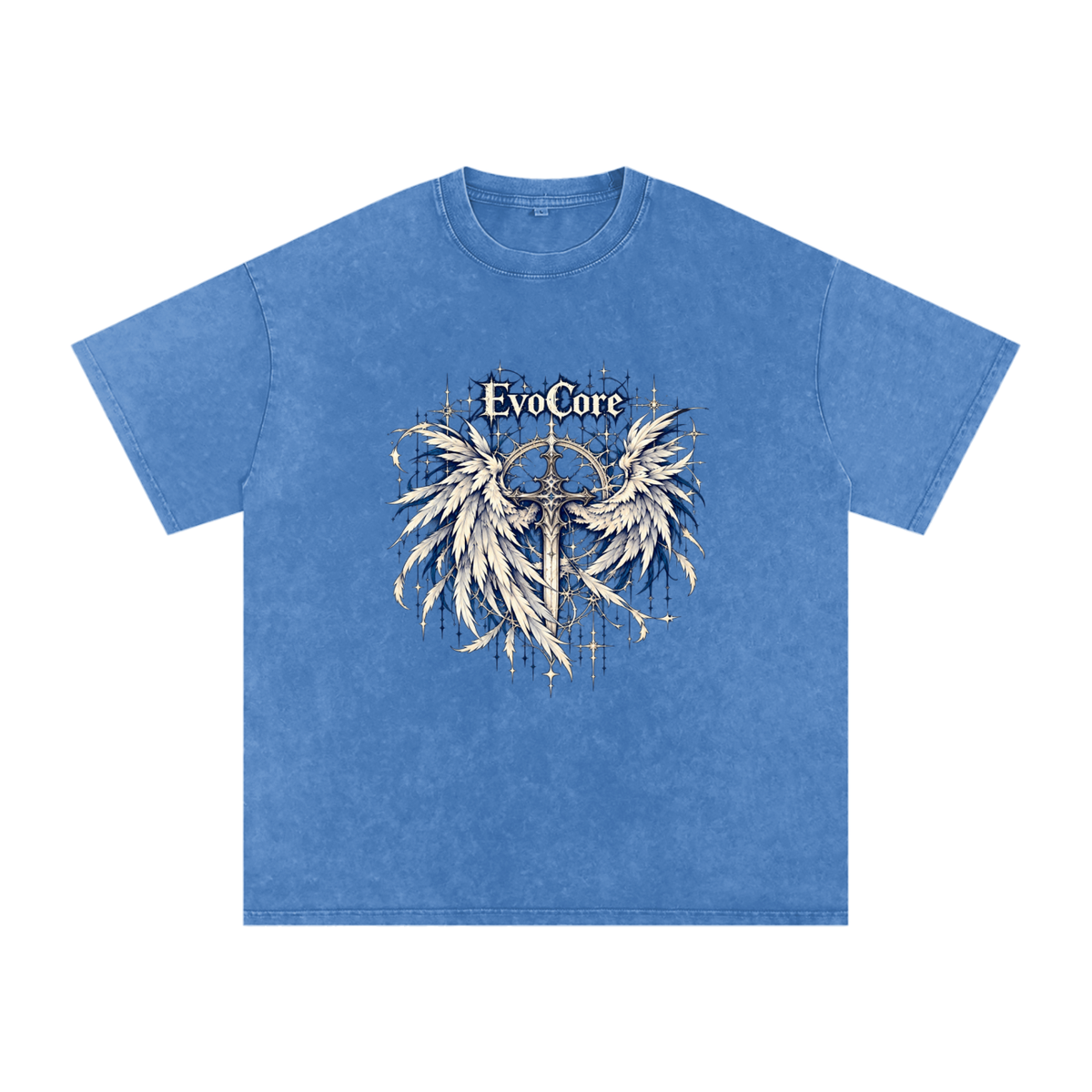 EvoCore Seraph Bluehour Tee in Light Blue, front view on a white background