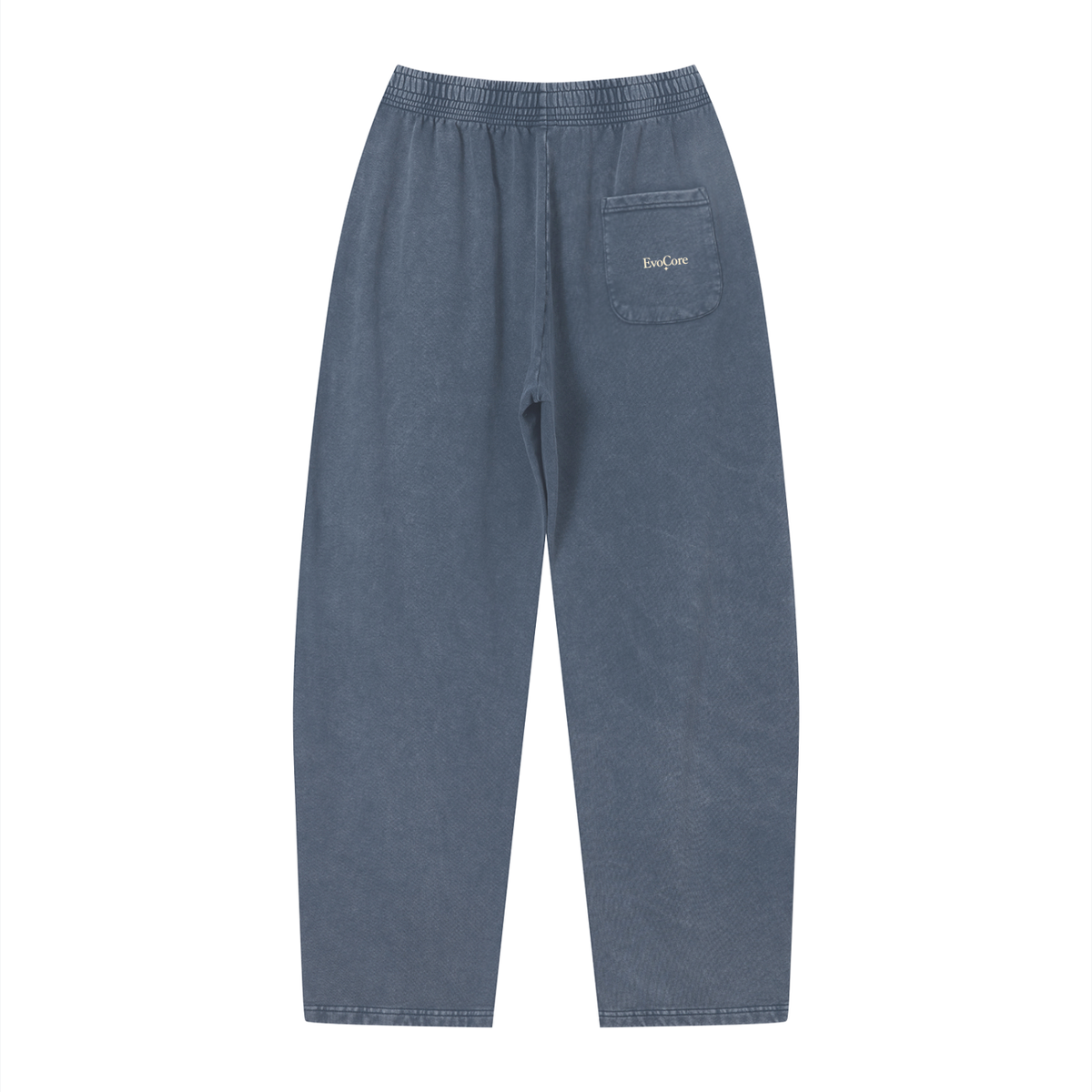 EvoCore Love at First Bite Washed Sweatpants in Navy Blue, back view showing off-white EvoCore lettering on the rear pocket.
