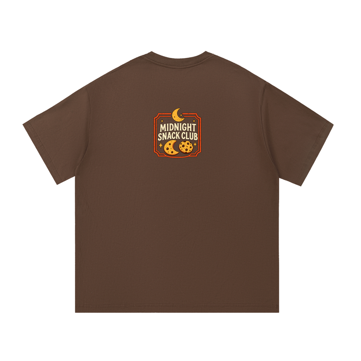 EvoCore Pumpkin After Hours Graphic Tee in Coffee, back view showing Midnight Snack Club badge with moon and cookies.