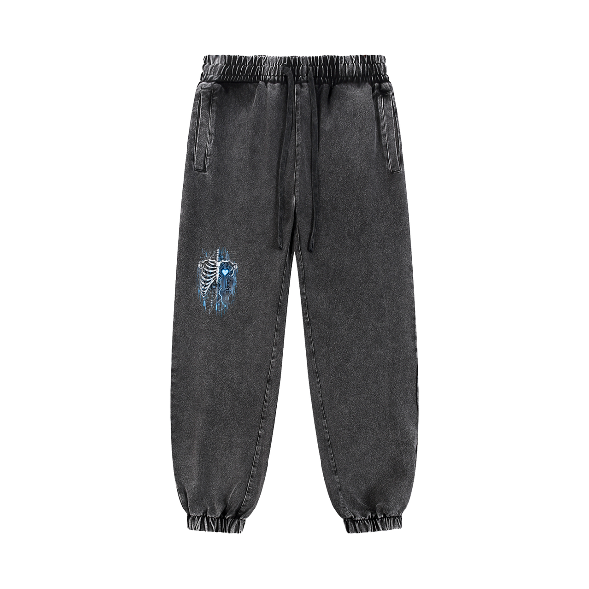 Front of EvoCore Bone Circuit Joggers in snow-washed black, with a blue and bone ribcage graphic on the front thigh.