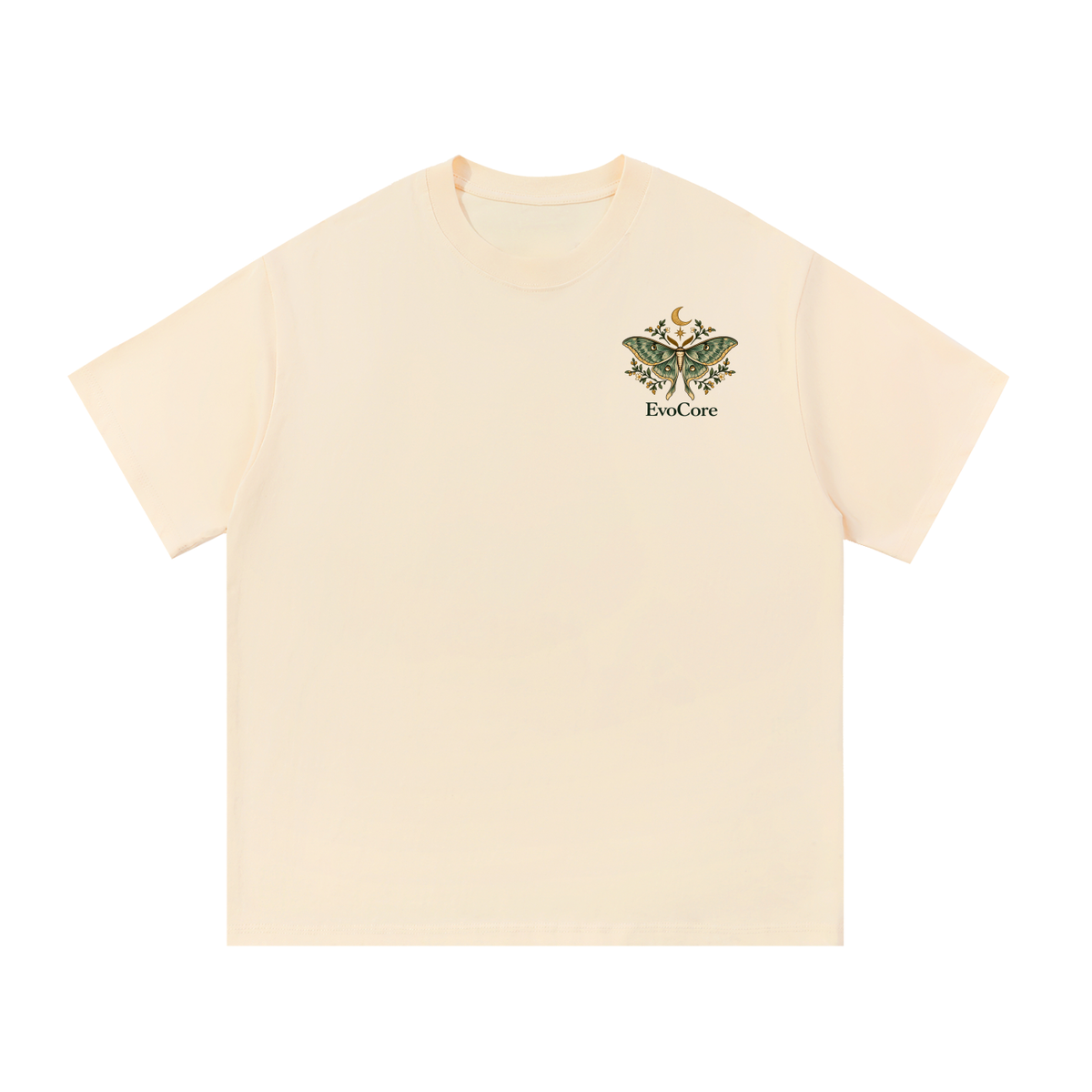 EvoCore Moonflower Motel Graphic Tee in Apricot, front view showing small green moth and crescent chest emblem.