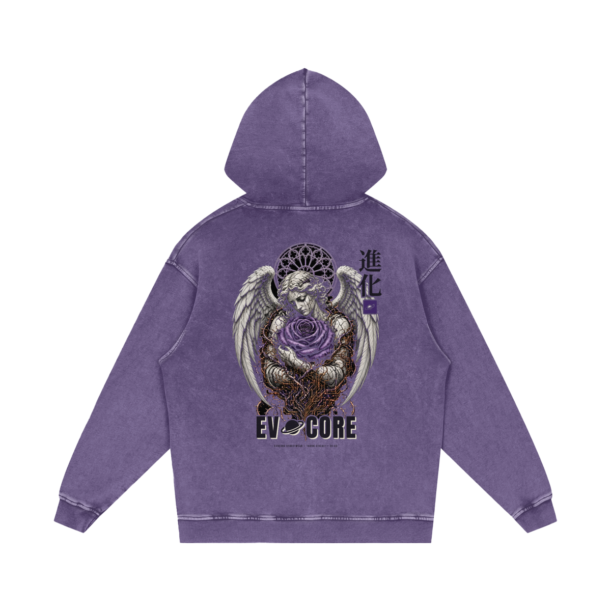 EvoCore Thorn Circuit Hoodie in purple, back view: angel holding a violet rose with circuitry thorns and EVOCORE wordmark
