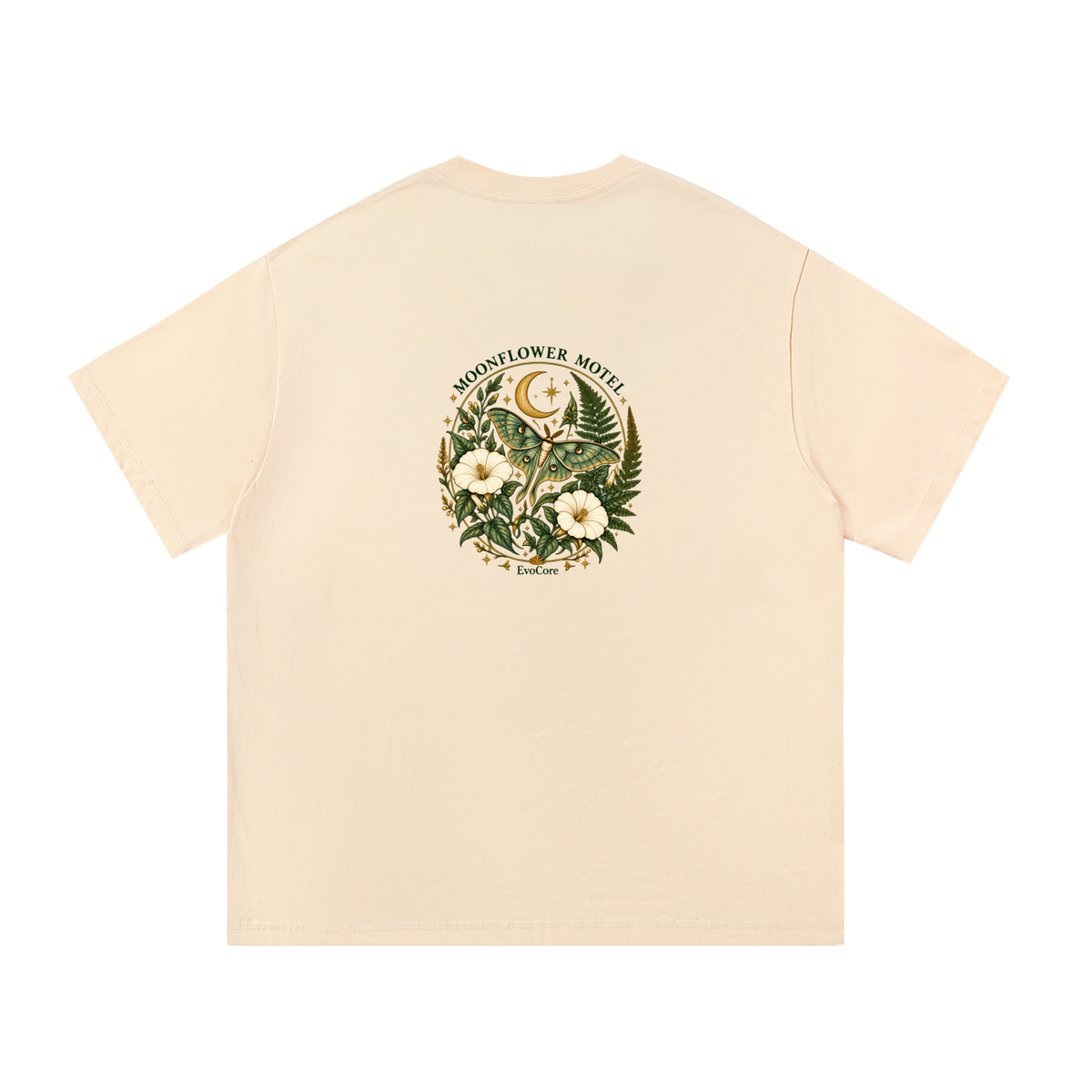 EvoCore Moonflower Motel Graphic Tee in Apricot, back view showing Moonflower Motel lettering around a moth, flowers, foliage and crescent moon.