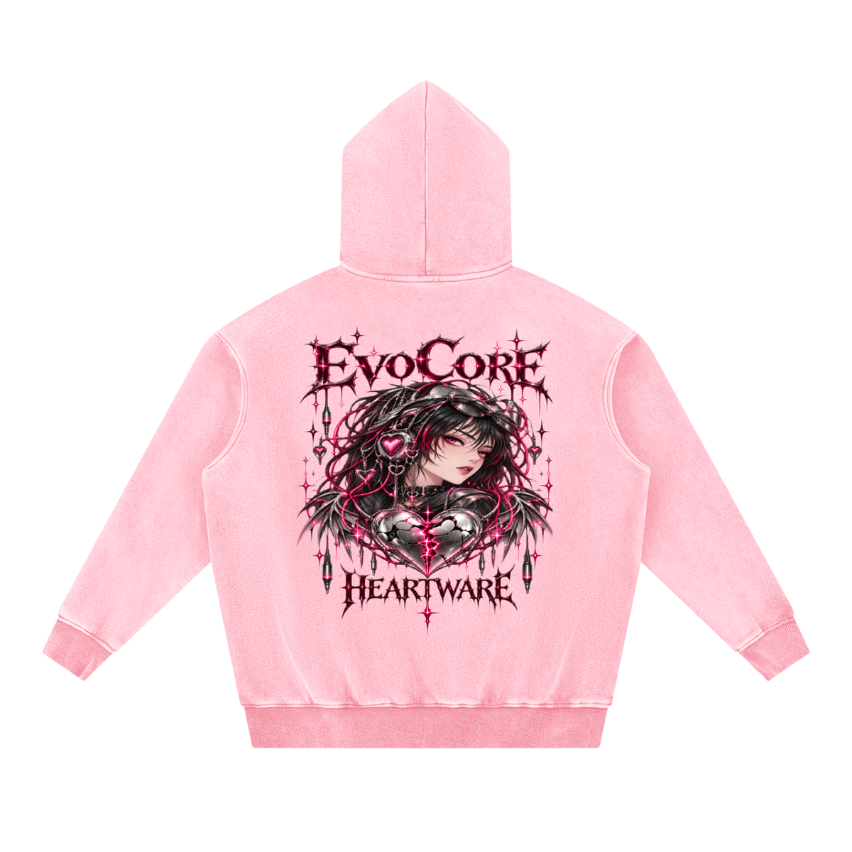 EvoCore Heartware Rose Circuit Hoodie in Pink, back view on a white background