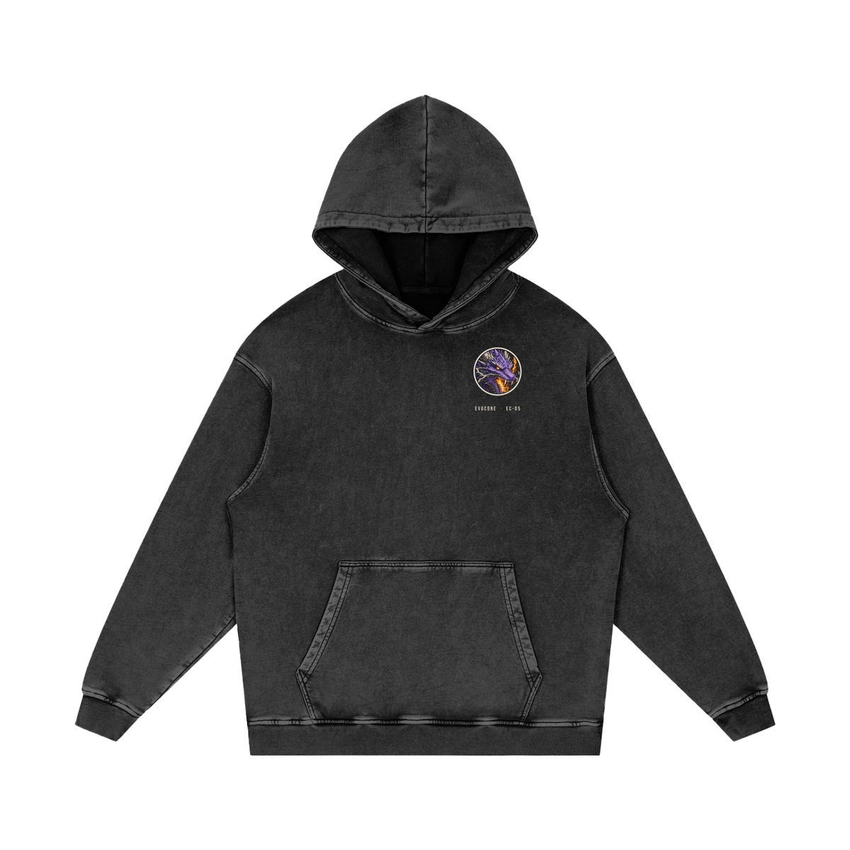 EvoCore Thunder Dragon Hoodie in black, front view with small round chest badge