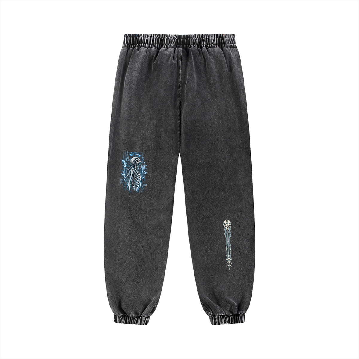Back of EvoCore Bone Circuit Joggers in snow-washed black, with a blue skeleton graphic on the back thigh and a narrow spine graphic on the lower leg.