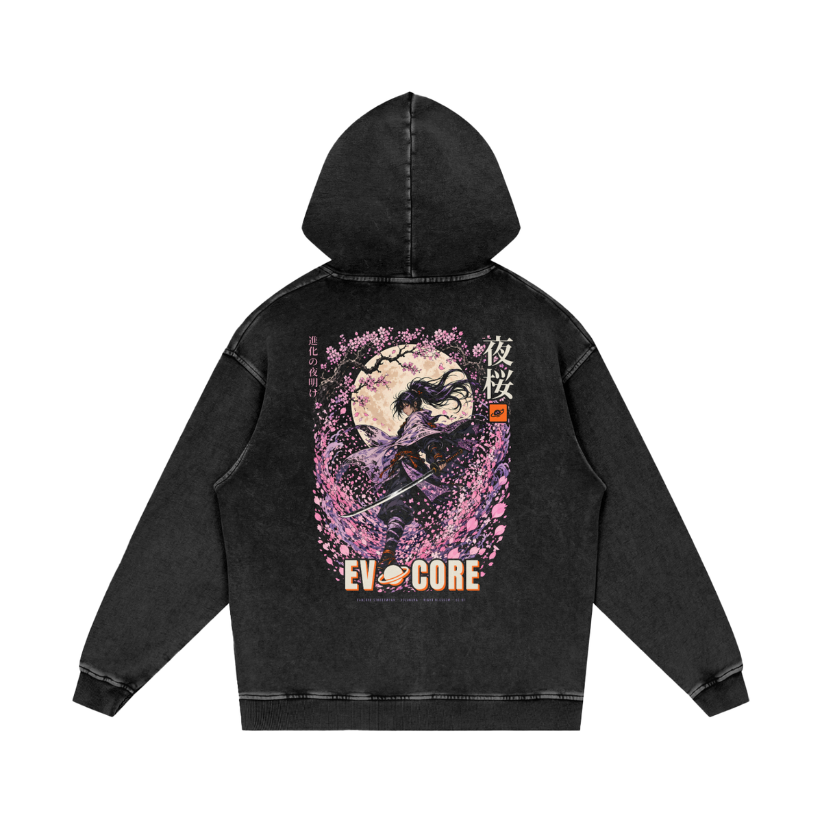 EvoCore Yozakura Hoodie, back view: samurai under a cherry-blossom moon with 夜桜 kanji and EVOCORE wordmark