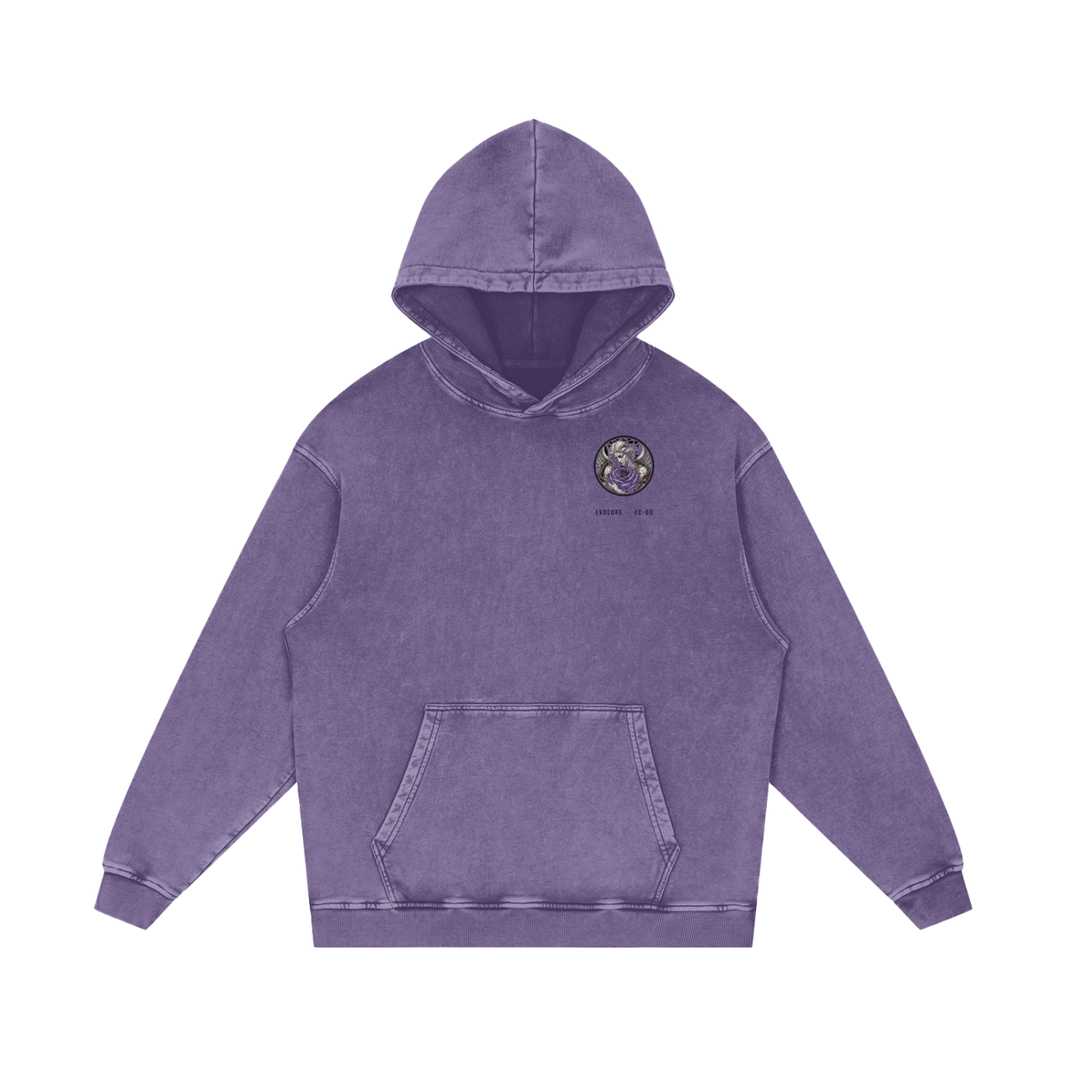 EvoCore Thorn Circuit Hoodie in purple, front view with small round chest badge