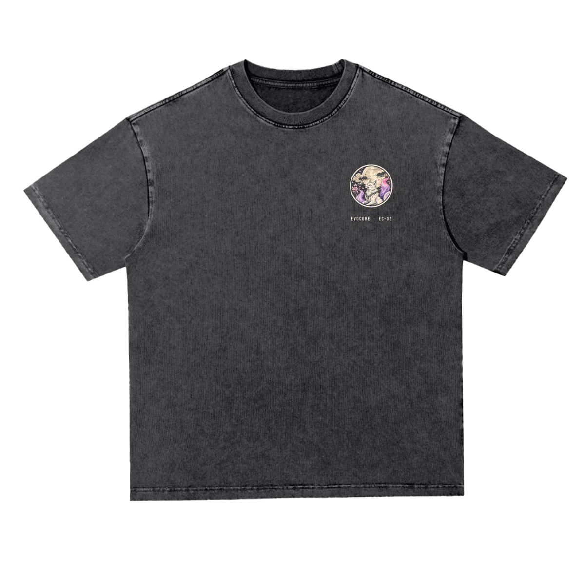 EvoCore Yozakura Tee in black, front view with small round chest badge