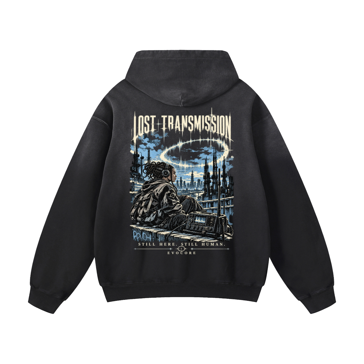 EvoCore Lost Transmission Hoodie in Black, back view on a white background