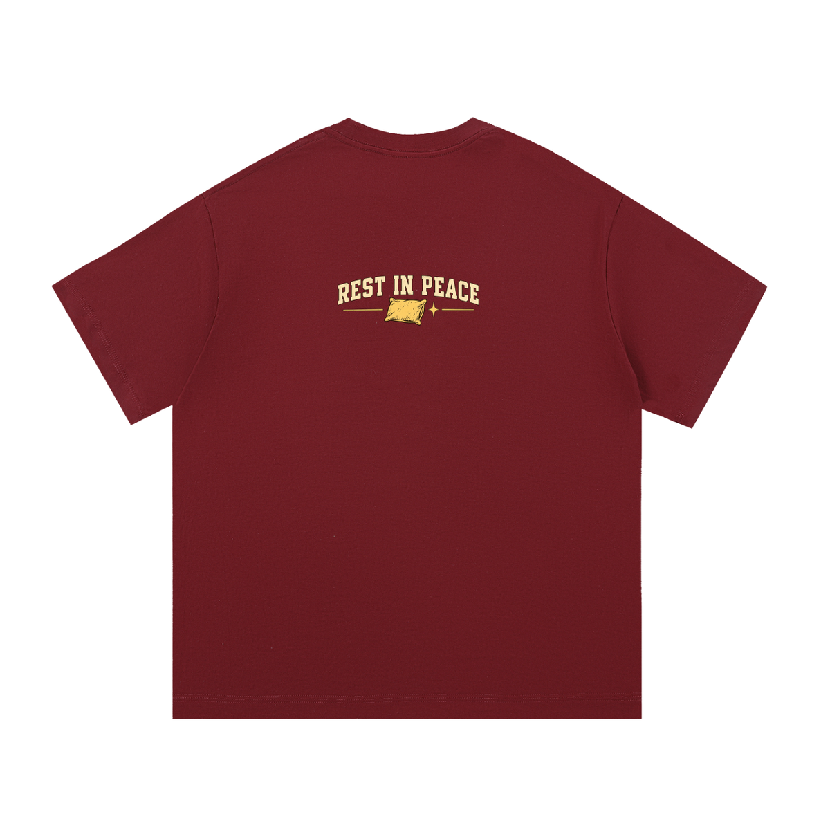 EvoCore Dead Tired Club Graphic Tee in Wine Red, back view showing Rest in Peace lettering with a small pillow graphic.