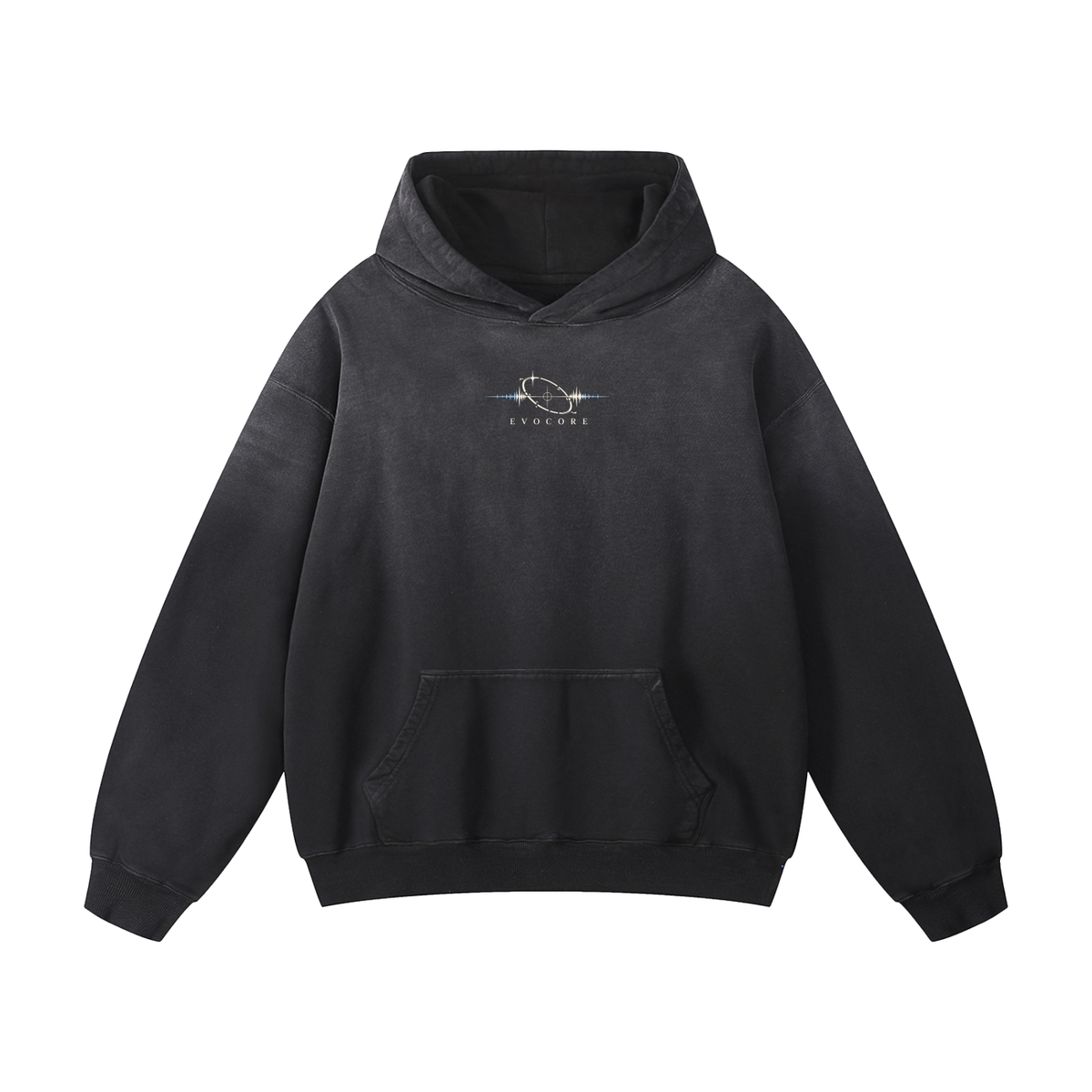 EvoCore Lost Transmission Hoodie in Black, front view on a white background