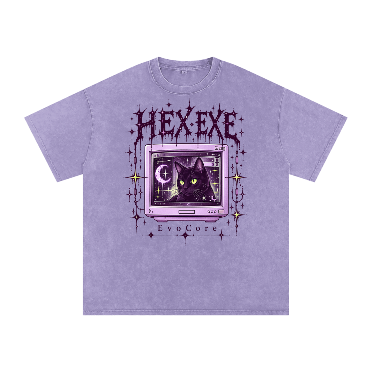 EvoCore HEX.EXE Dream Cache Tee in Light Purple, front view on a white background