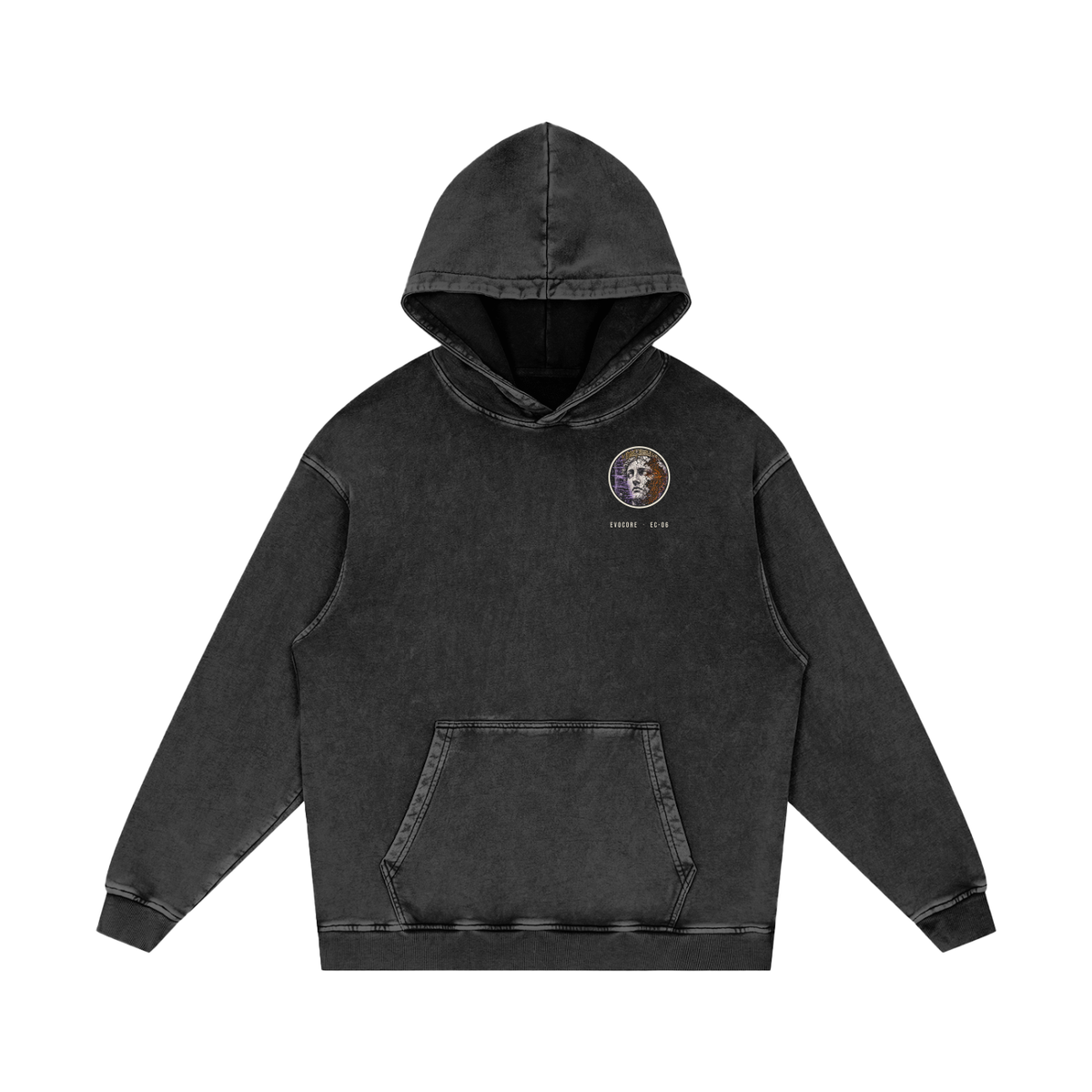 EvoCore Static Relic Hoodie in black, front view with small round chest badge