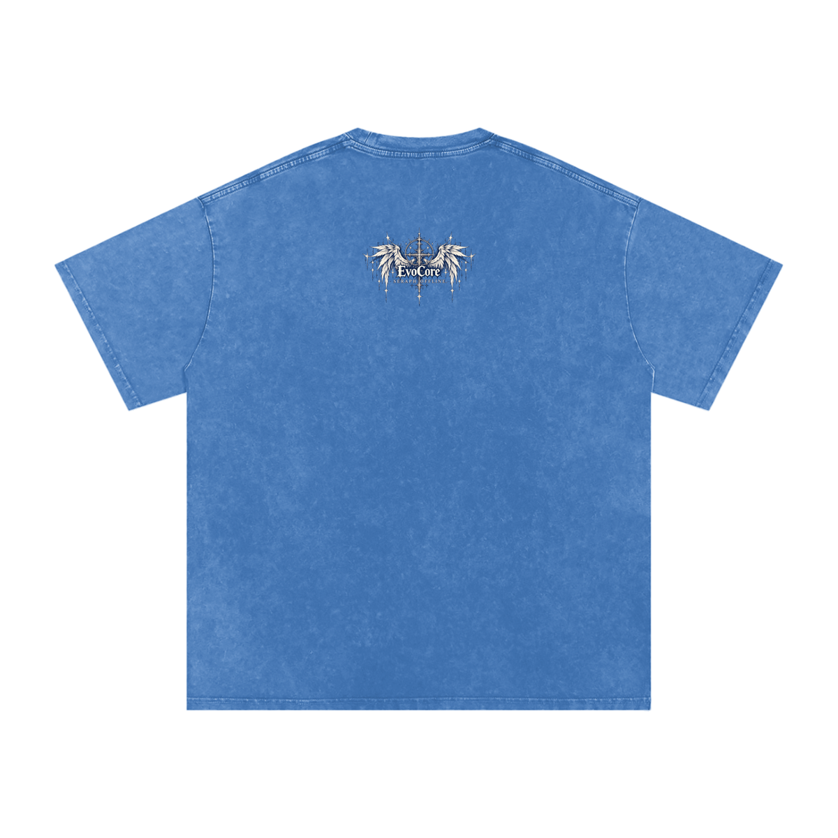 EvoCore Seraph Bluehour Tee in Light Blue, back view on a white background