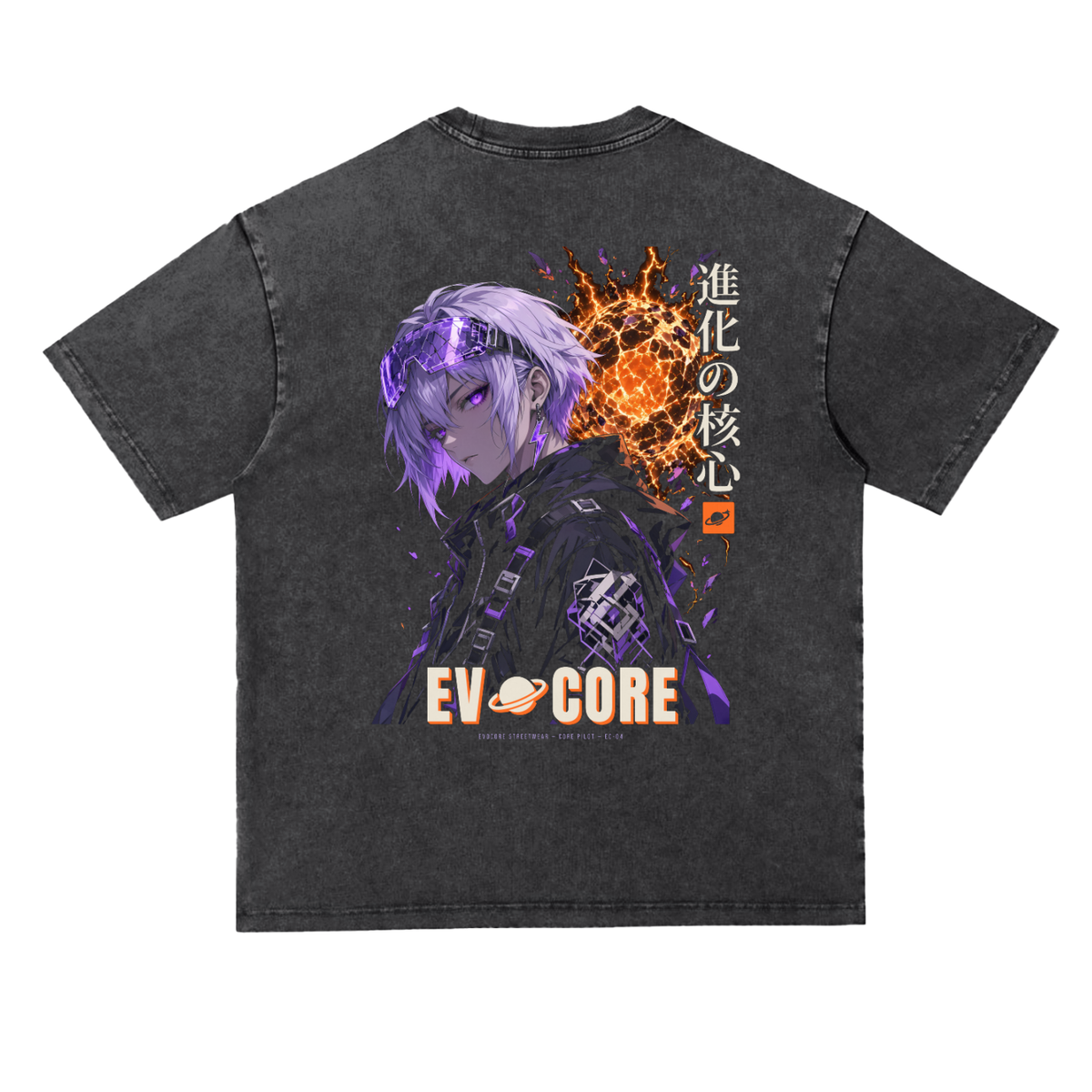 EvoCore Core Pilot Tee, back view: anime pilot with violet eyes before a shattered orange core, 進化の核心 kanji and EVOCORE wordmark