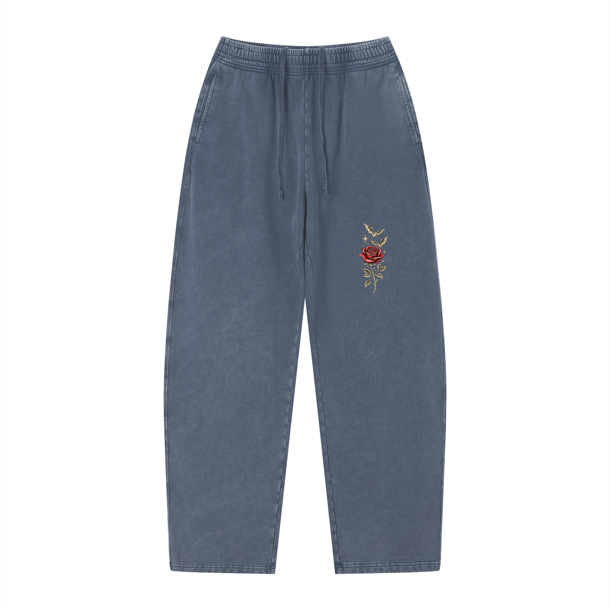 EvoCore Love at First Bite Washed Sweatpants in Navy Blue, front view showing red rose and flying bats on the front thigh.