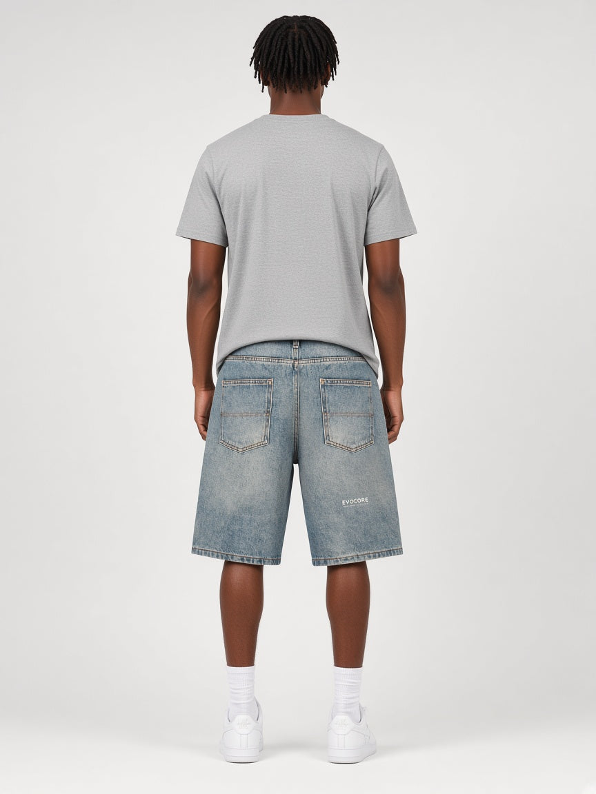 AI concept visualization — EvoCore Channel 02 Washed Denim Shorts - Blue, back, worn on a model (not a photo of a real sample)