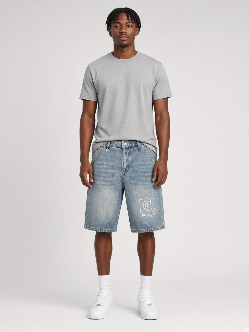 AI concept visualization — EvoCore Channel 02 Washed Denim Shorts - Blue, front, worn on a model (not a photo of a real sample)