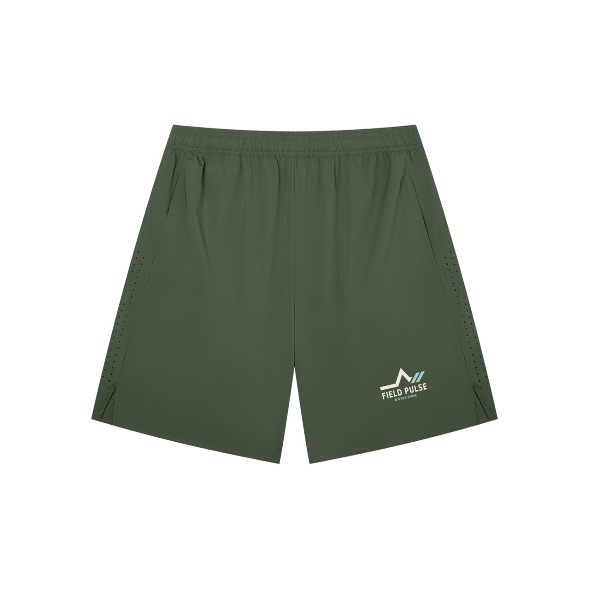 Front view of EvoCore Field Pulse army green shorts with bone and ice-blue signal artwork