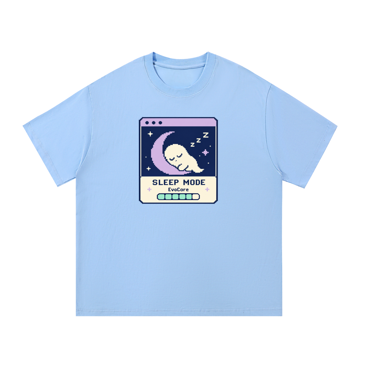 EvoCore Ghost Sleep Mode Graphic Tee in Blue, front view showing pixel-style sleeping ghost, crescent moon and Sleep Mode window.
