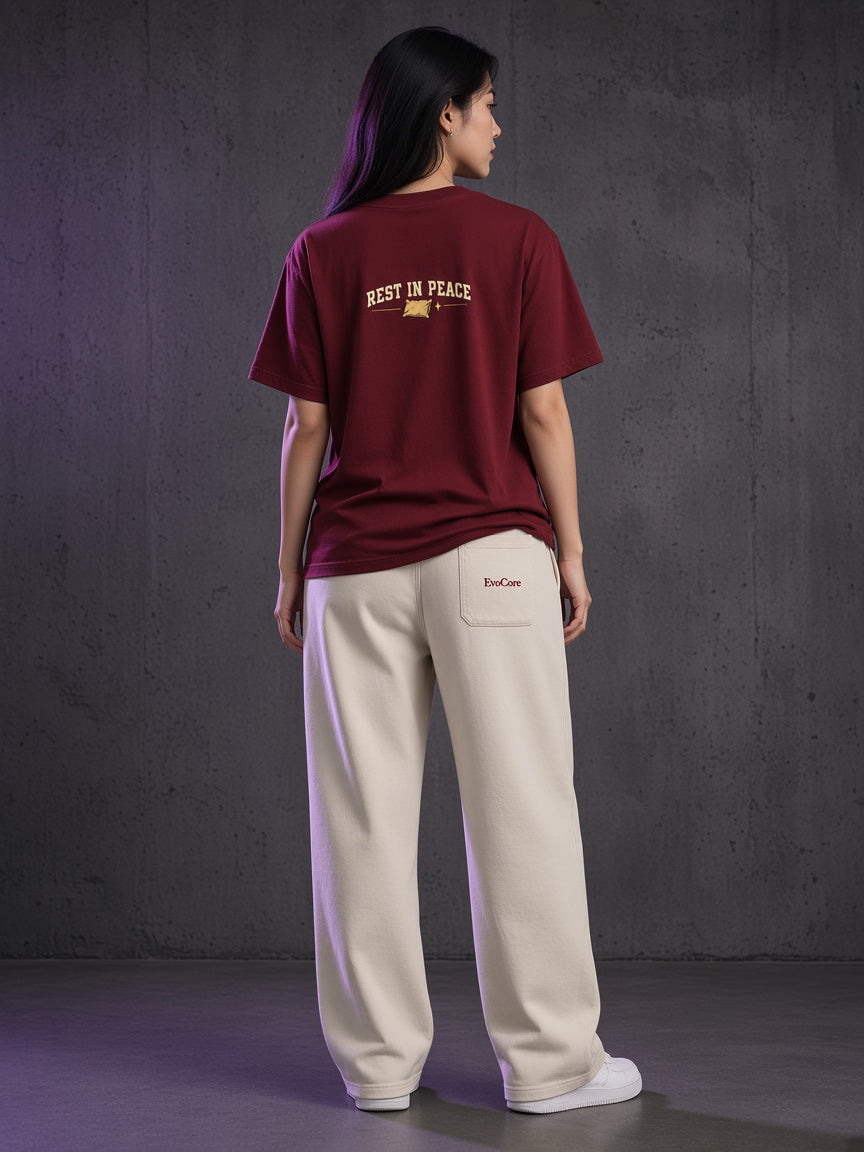 AI concept visualization — Dead Tired Club Washed Sweatpants, back, full outfit with the matching Dead Tired Club Graphic Tee (not a photo of a real sample)