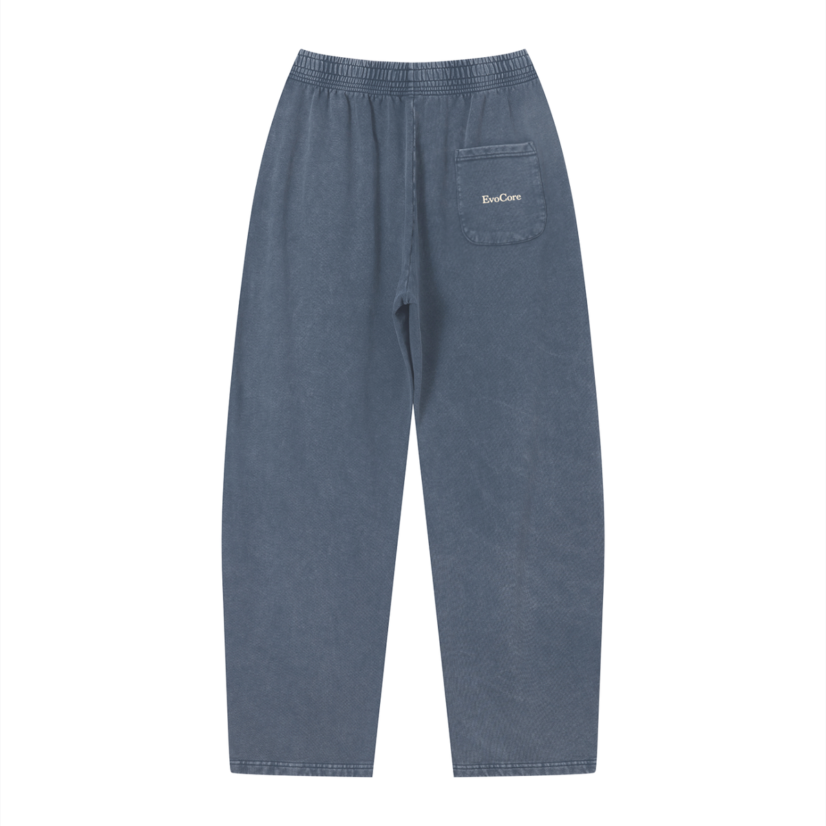 EvoCore Ghost Sleep Mode Washed Sweatpants in Navy Blue, back view showing off-white EvoCore lettering on the rear pocket.