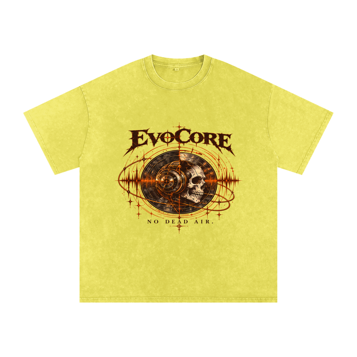 EvoCore Afterlife FM Golden Static Tee in Olive Yellow, front view on a white background