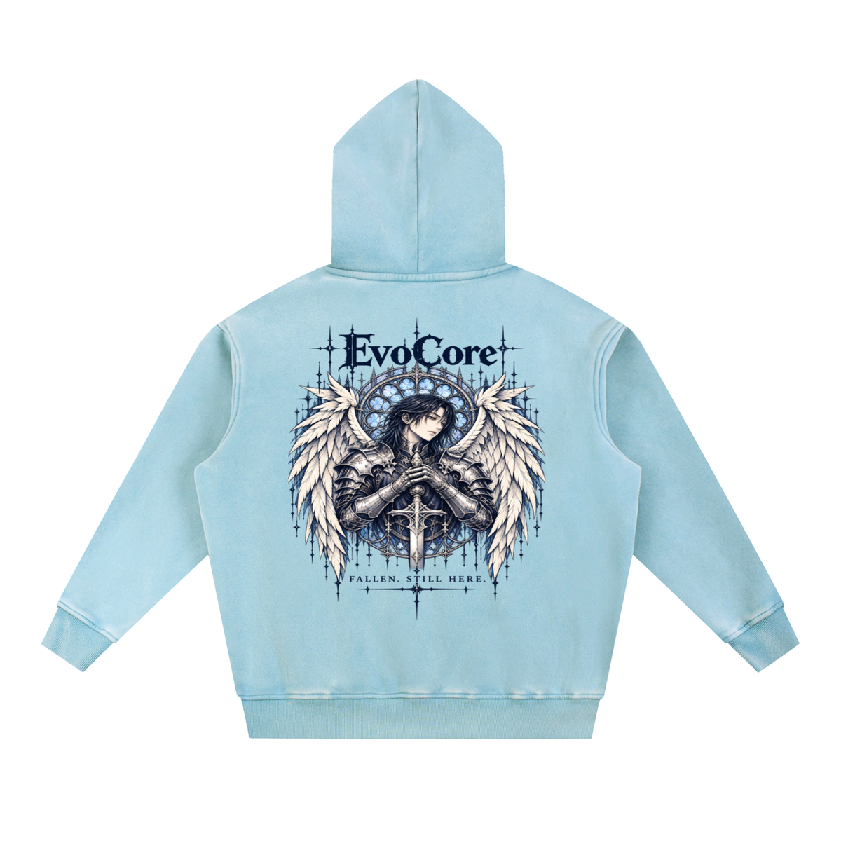 EvoCore Seraph Bluehour Hoodie in Lake Blue, back view on a white background