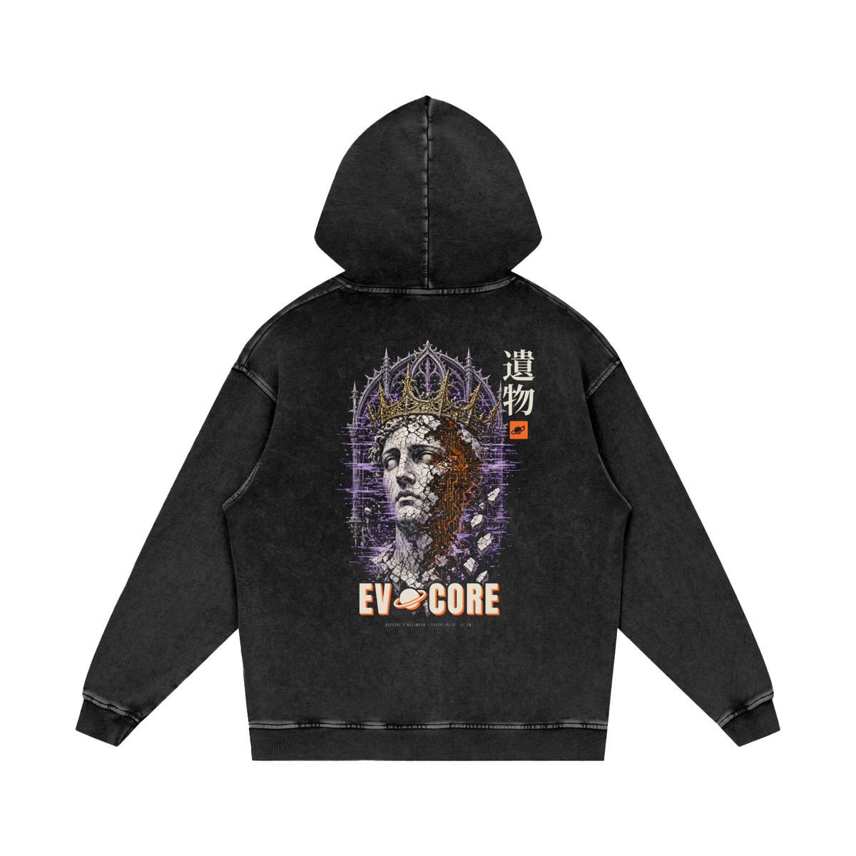 EvoCore Static Relic Hoodie, back view: cracked crowned saint statue with circuitry, 遺物 kanji and EVOCORE wordmark