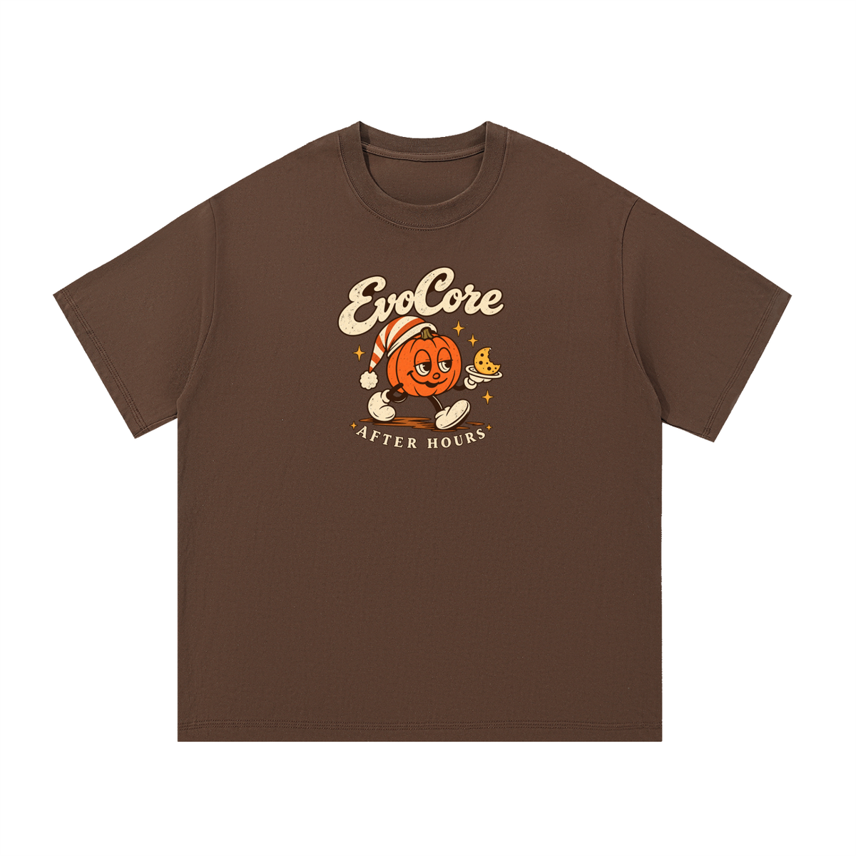 EvoCore Pumpkin After Hours Graphic Tee in Coffee, front view showing pumpkin character and EvoCore lettering.