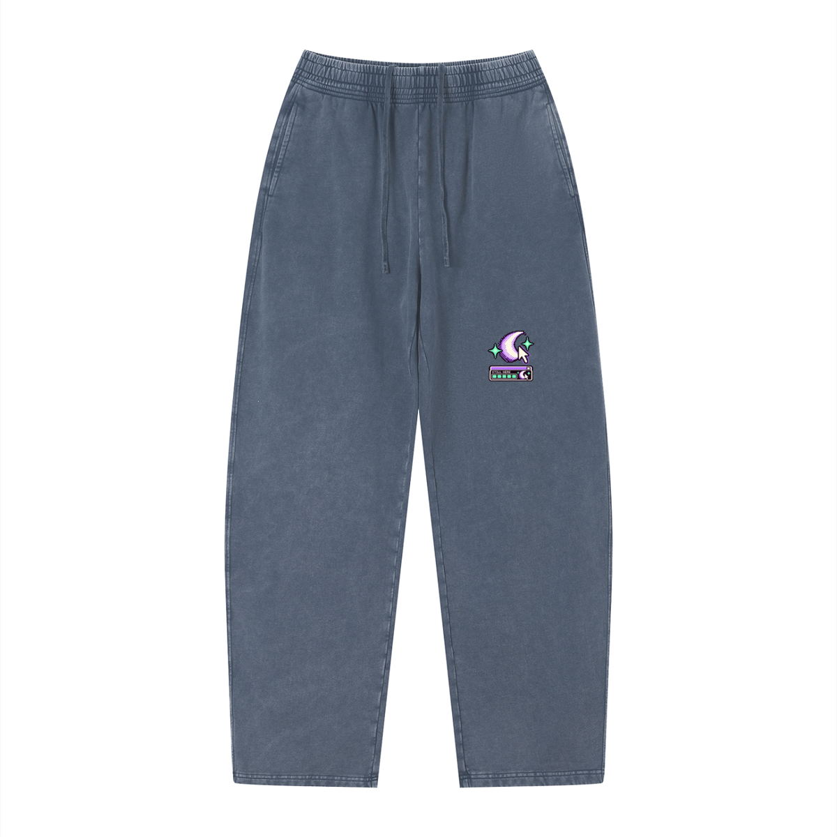 Front of EvoCore Ghost Cache Navy Blue loose sweatpants with a crescent, cursor and mint status-bar print on the left leg.