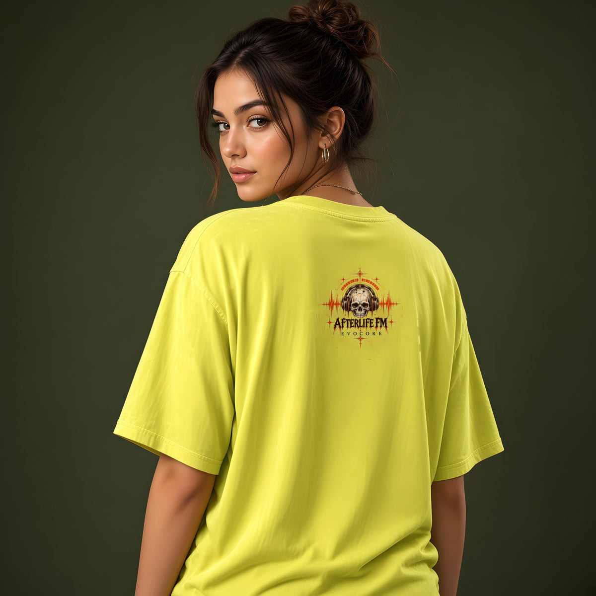 EvoCore Afterlife FM Golden Static Tee in Olive Yellow, back view worn by a model, olive green studio