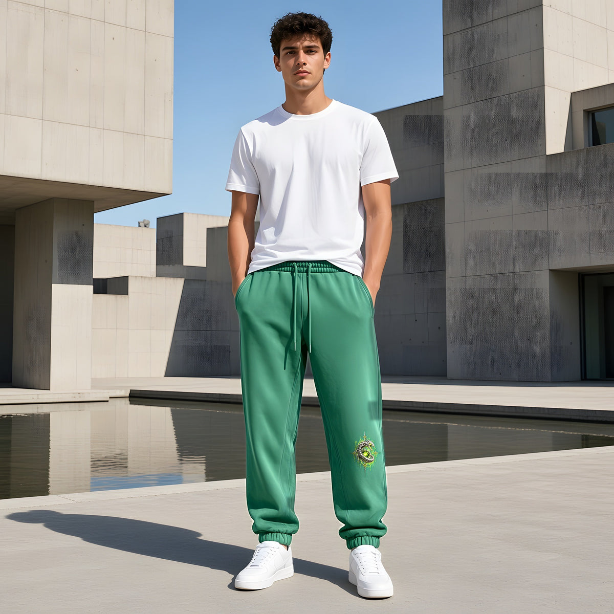 Model wearing the Dark Green EvoCore Chrome Venom Greenwire Joggers, front view showing the leg print, concrete plaza with reflecting pool.