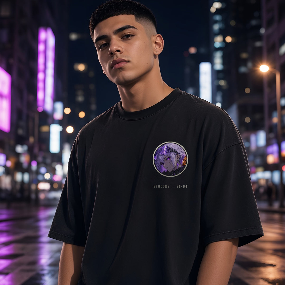 Front of the oversized EvoCore Core Pilot Tee with the round pilot chest badge and EVOCORE · EC-04 text