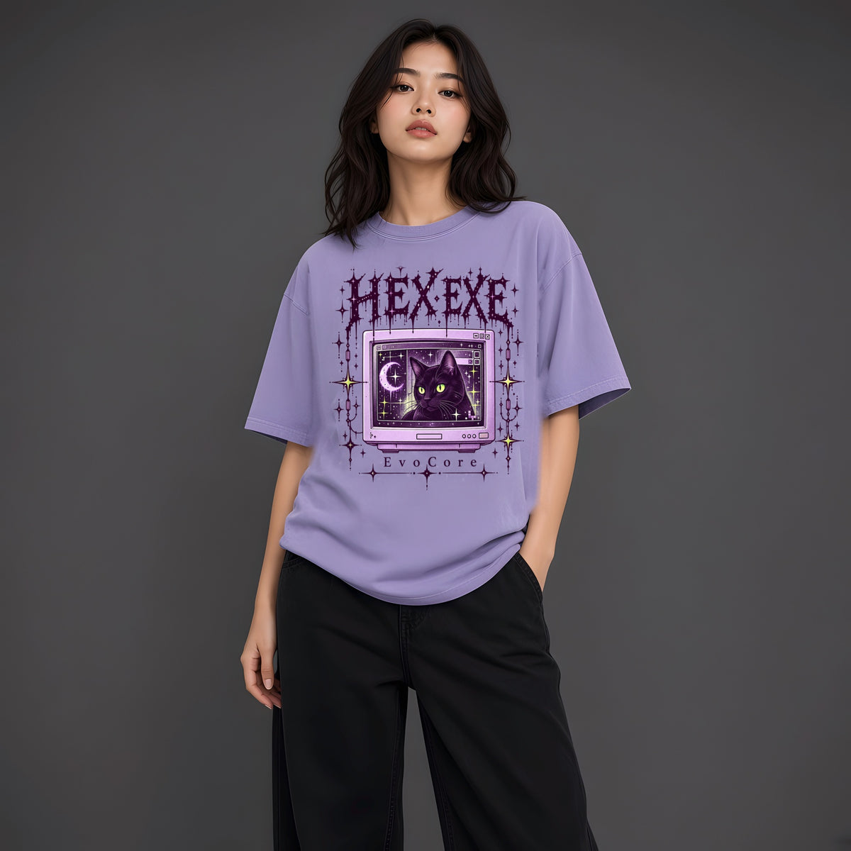 EvoCore HEX.EXE Dream Cache Tee in Light Purple, front view worn by a model, charcoal studio